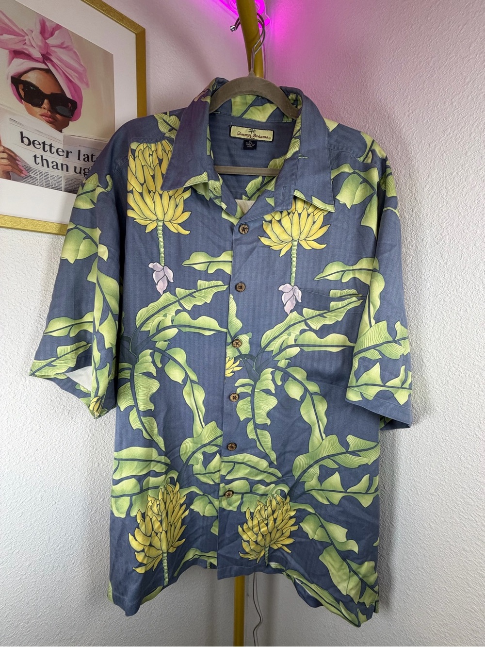 Tommy Bahama Blue 100% Silk Camp Shirt with Yellow-Green Leaf Print XL